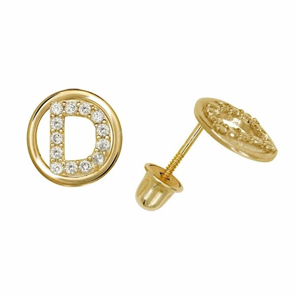 14K Solid Yellow Gold 8mm Letter Initial Halo CZ Stud Alphabet Earrings - Picture 5 of 15